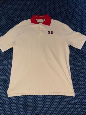 Gucci White Polo with Red Collar and Purple GG Emblem